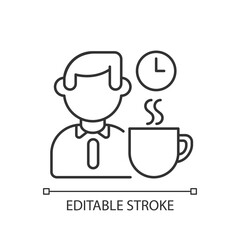 Coffee break linear icon. Office worker drinking hot energy drink. Break from work, relaxation thin line customizable illustration. Contour symbol. Vector isolated outline drawing. Editable stroke