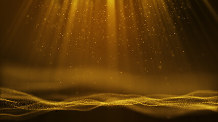 Dark Yellow Gold particle form abstract  background with falling and flicker light beam ray...