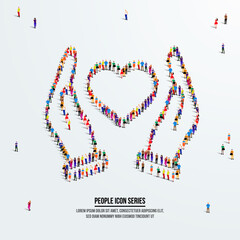 Hands and heart. Protection or care or love concept. A large group of people form to create hand and heart shapes. People icon series. Vector illustration.