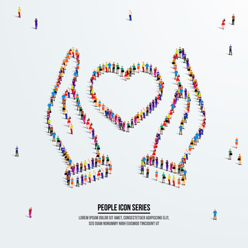 Hands and heart. Protection or care or love concept. A large group of people form to create hand and heart shapes. People icon series. Vector illustration.
