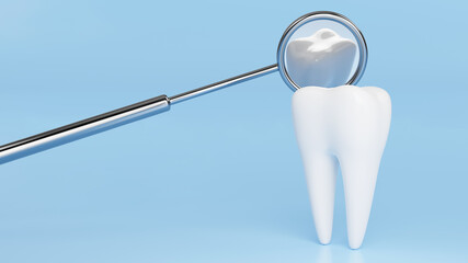 White tooth with reflection in metal dental mirror. Dentist background design concept. 3D rendering image.