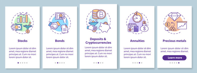 Investment types onboarding mobile app page screen with concepts. Money investing opportunities walkthrough five steps graphic instructions. UI vector template with RGB color illustrations