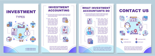 Naklejka premium Investment types brochure template. Financial accounting company flyer, booklet, leaflet print, cover design with linear icons. Vector layouts for magazines, annual reports, advertising posters