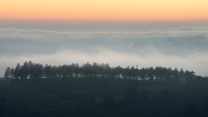 Fototapeta premium Majestic landscape image of cloud inversion at sunset over Dartmoor National Park in Engand with cloud rolling through forest on horizon