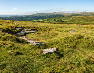 Panoramic landscape view across Dartmoor National Park in Summer with wide views of several tors and valleys © veneratio