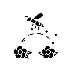 Pollination black glyph icon. Working bee collecting nectar, carrying wildflower pollen. Beekeeping, botany silhouette symbol on white space. Honeybee pollinating flowers vector isolated illustration