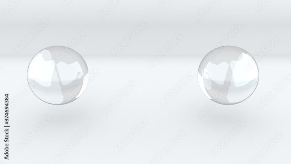 Poster 3d rendering abstract background. computer generated two transparent glass metaballs merge into one