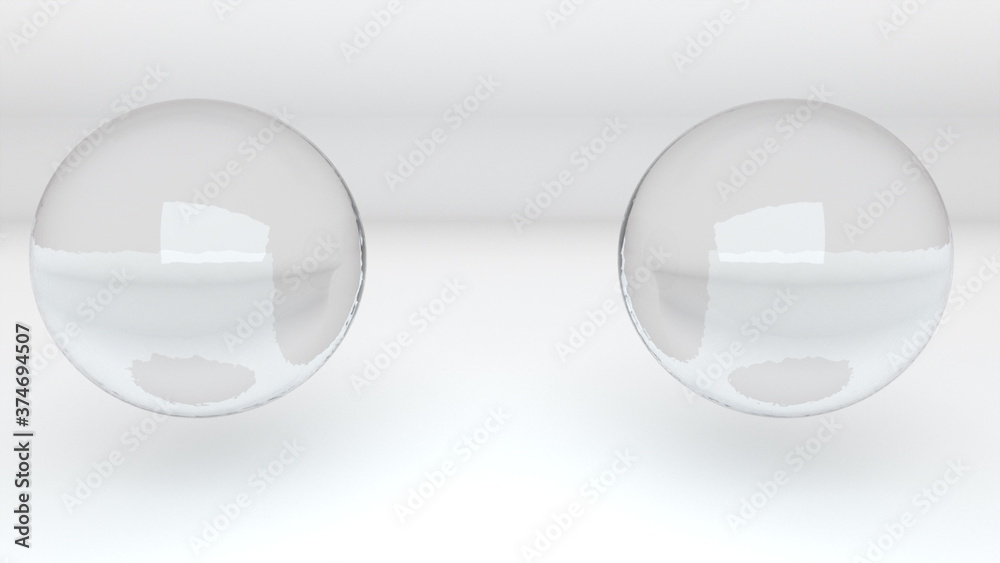 Poster 3d rendering abstract background. computer generated two transparent glass metaballs merge into one