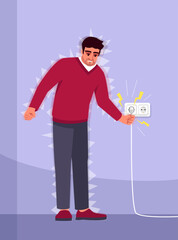 Electric shock experience semi flat RGB color vector illustration. Household accident. Electrical injury. Young man suffered from electricity isolated cartoon character on purple background