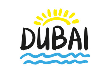 Dubai text, sun and sea. Template for printing. United Arab Emirates. Colored outline drawing. Vector flat graphic hand drawn illustration. The isolated object on a white background. Isolate.