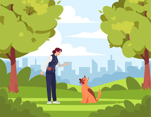 Dog training semi flat vector illustration. Woman teaches naughty dog 2D cartoon character for commercial use. Park area. Dog training specialist. Green bright environment, nice weather.