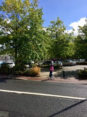 Route et parking bord&eacute; d&rsquo;arbres dans une petite ville