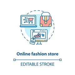 Online fashion store concept icon. Low business investment, startup development idea thin line illustration. Internet boutique, e shopping. Vector isolated outline RGB color drawing. Editable stroke