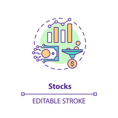Stocks concept icon. Business investment idea thin line illustration. Purchasing shares in companies. Stock market trading, brokerage. Vector isolated outline RGB color drawing. Editable stroke