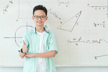 Smiling Vietnamese schoolboy in glasses standing at whiteboard with geometry formulas and drawings...
