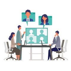 Telecommuting concept. Vector illustration of people having communication via telecommuting system. Concept for video conference, workers at home.