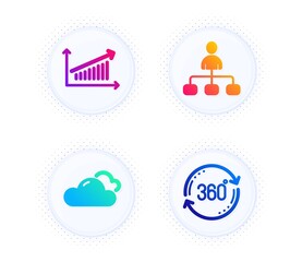 Management, Cloudy weather and Chart icons simple set. Button with halftone dots. Full rotation sign. Agent, Sky climate, Presentation chart. 360 degree. Science set. Vector