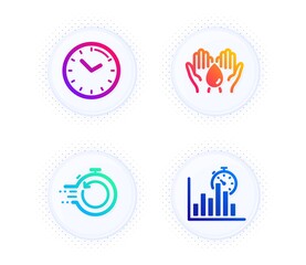 Time, Fast recovery and Safe water icons simple set. Button with halftone dots. Report timer sign. Clock, Backup timer, Hold drop. Growth chart. Science set. Gradient flat time icon. Vector