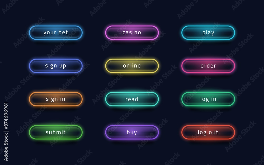 Aufkleber Light buttons. Glowing neon UI elements for online casino and dark web application. Vector image bright banner signs play, read and buy interaction design symbol