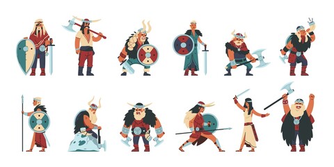 Fototapeta premium Viking characters. Cartoon scandinavian mythology warrior people, funny male and female in norway viking costumes. Vector set illustrations women and men medieval warriors
