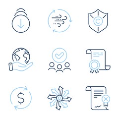 Reject certificate, Scroll down and Wind energy line icons set. Diploma certificate, save planet, group of people. Copyright protection, Dollar exchange and Versatile signs. Vector