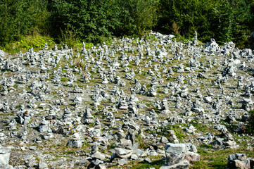 stone piles (cairns) in the Ruskeala Mountain Park, Karelia, Russia