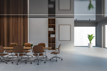 Concrete and dark wooden meeting room with poster