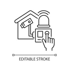 Home alarm system linear icon. Wireless alarms. Monitoring house. Smart CCTV. Home improvements. Thin line customizable illustration. Contour symbol. Vector isolated outline drawing. Editable stroke
