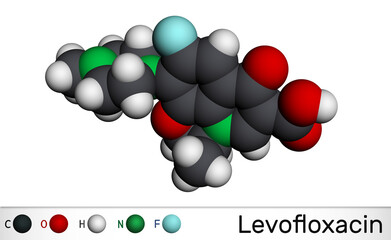 Levofloxacin, fluoroquinolone antibiotic molecule. It is used to treat bacterial sinusitis, pneumonia. Molecular model