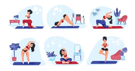Home yoga. Cartoon girl doing physical exercises meditation and sport activities, healthy lifestyle concept. Vector trendy flat image set women exercises for relaxation and relaxed