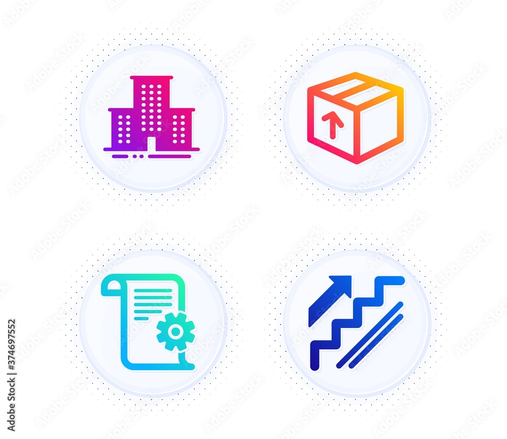 Poster package, university campus and technical documentation icons simple set. button with halftone dots. 