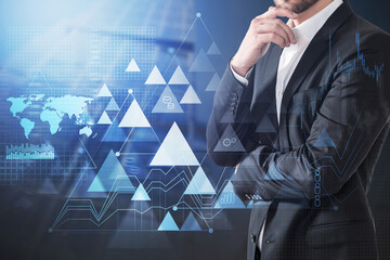 Thoughtful business man, virtual interface