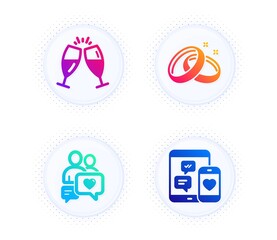 Wedding rings, Dating chat and Champagne glasses icons simple set. Button with halftone dots. Social media sign. Love, People love, Chin-chin. Mobile devices. Love set. Vector