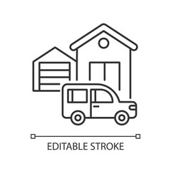 Garage building linear icon. Car storage. Home improvements. House with garage and car. Thin line customizable illustration. Contour symbol. Vector isolated outline drawing. Editable stroke