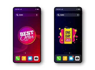 One day sale, Mobile shopping and Best offer. Smartphone screen banner. Discount offer badge. Mobile phone screen interface. Smartphone display promotion template. Online application banner. Vector