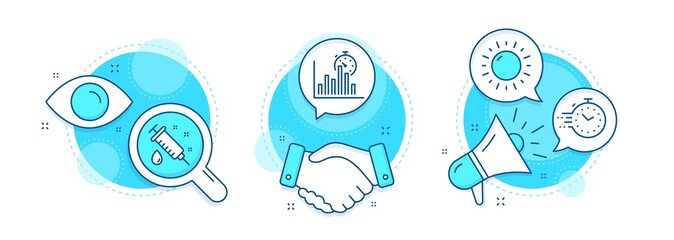 Medical syringe, Report timer and Sunny weather line icons set. Handshake deal, research and promotion complex icons. Timer sign. Vaccination, Growth chart, Sun. Deadline management. Vector