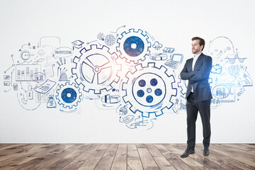 Confident business man, gears sketch