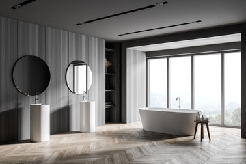 Grey and wooden bathroom interior