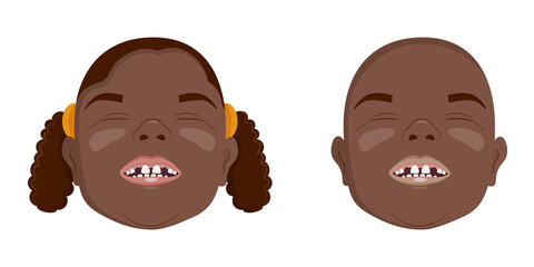 African toothless boys and girls smiling, fallen milk teeth, vector illustration.