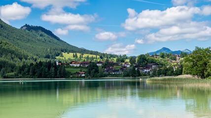 Fototapeta premium weissensee lake in the bavarian alps near fuessen, allgaeu, bavaria, germany