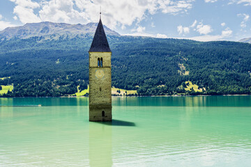 Church in the water at Lake Reschen in Tyrol in north Italy