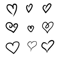 Set of nine hand drawn heart. Handdrawn rough marker hearts isolated on white background. Vector illustration for your graphic design
