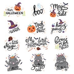 Fototapeta premium Happy Halloween hand drawn illustrations and elements. Halloween design elements, logos, badges, labels, icons and objects.