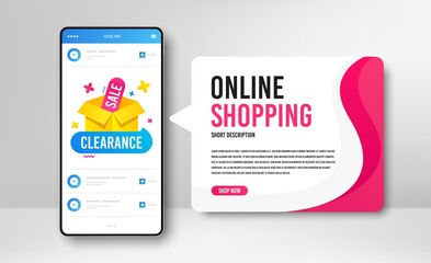 Phone banner template. Clearance sale icon. Discount banner box. Special offer icon. Social media banner with smartphone screen. Online shopping web template. Clearance sale promotion badge. Vector