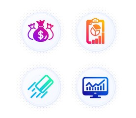 Check investment, Credit card and Report icons simple set. Button with halftone dots. Statistics sign. Business report, Bank payment, Presentation chart. Finance set. Vector