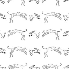 Seamless background of sketches jaguar hunting a hare