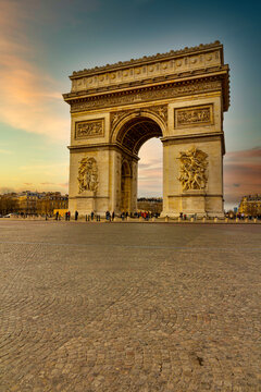 Paris triumph arch car-free under a sunny sky, France