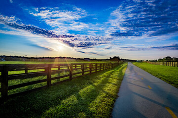 Perspective toward horizon of bicycle trail between horse farm fences near city of Lexington,...