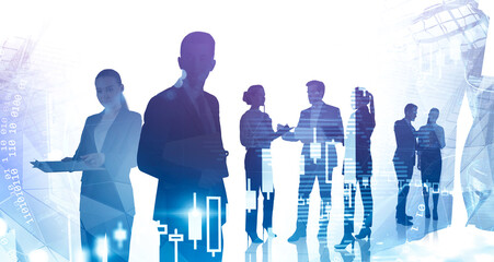 Diverse business people in city, graph