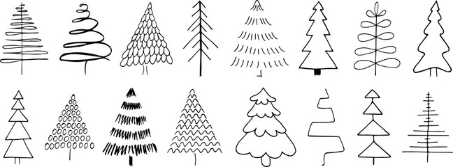 Christmas tree doodle outline vector icons set